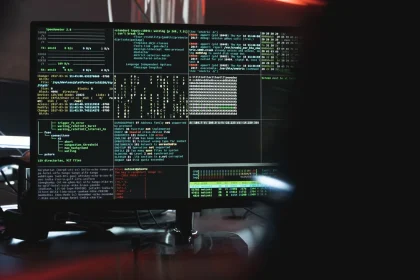 Hände an einer Tastatur mit Sicherheitssymbolen auf einem dunklen Bildschirm im Hintergrund