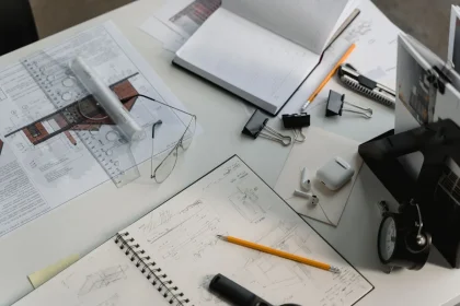 Architekt an einem Schreibtisch mit Bauplänen, Modellen und Zeichnungen in einem modernen Atelier