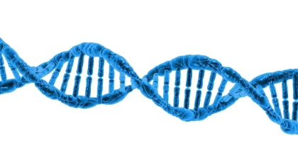Symbolische Darstellung von Mammut-DNA und genetischer Bearbeitung in einer Eiszeit-Landschaft