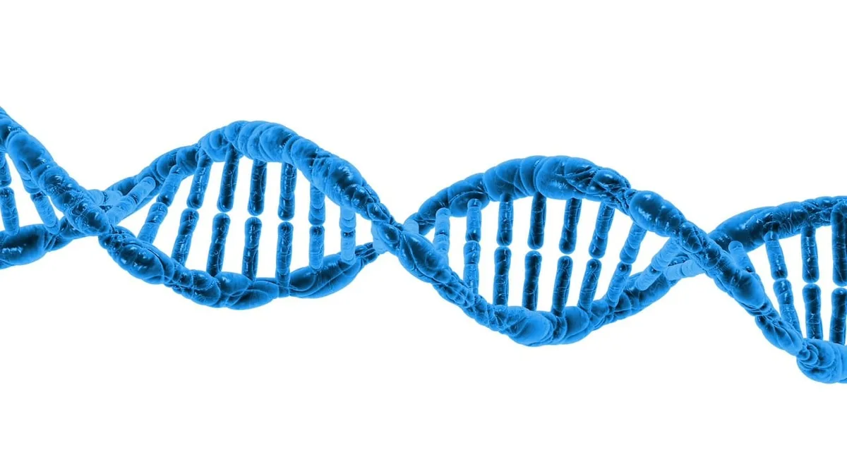 Symbolische Darstellung von Mammut-DNA und genetischer Bearbeitung in einer Eiszeit-Landschaft