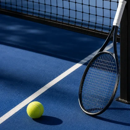 Leerer Rollstuhltennisplatz mit Bank, zwei Schlägern und Silhouette eines Rollstuhls