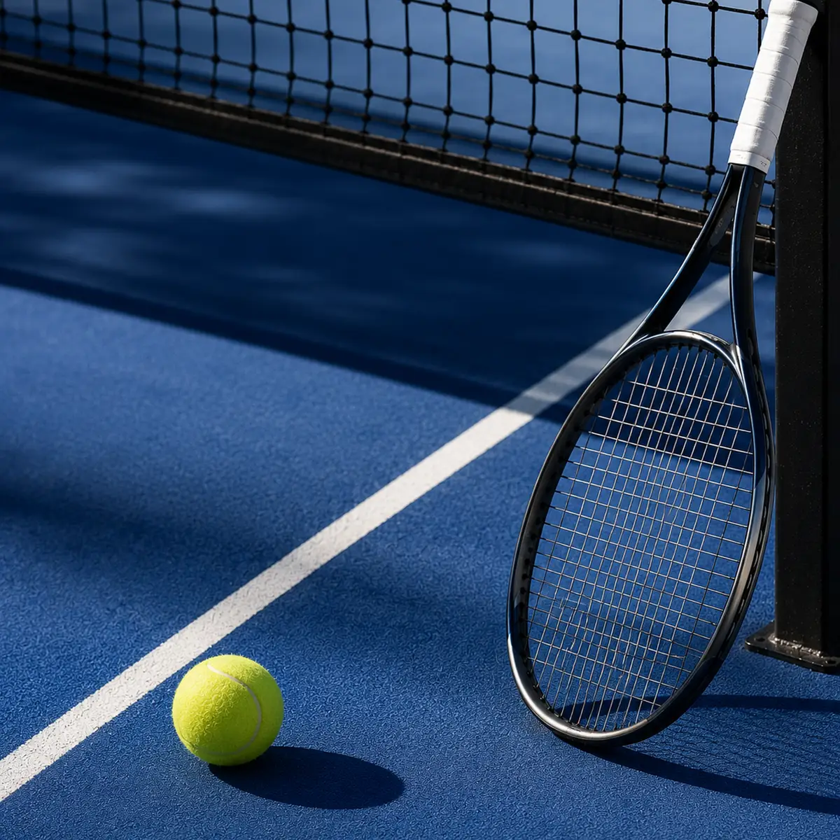 Leerer Rollstuhltennisplatz mit Bank, zwei Schlägern und Silhouette eines Rollstuhls